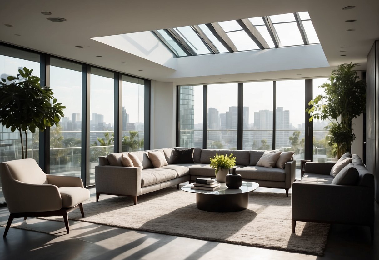 A room with a modern, minimalist design. A sleek, contemporary sofa sits in the center, surrounded by stylish chairs and a coffee table. The space is well-lit with natural light streaming in through large windows