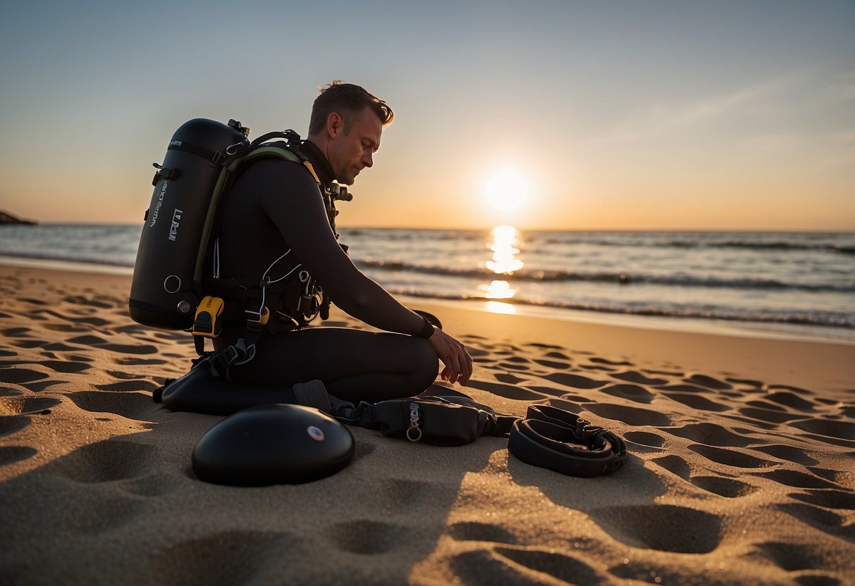 A diver sits on a calm beach, surrounded by diving gear. They are stretching their body gently, following the 10 post-dive recovery tips. The sun is setting in the background, casting a warm glow over the scene