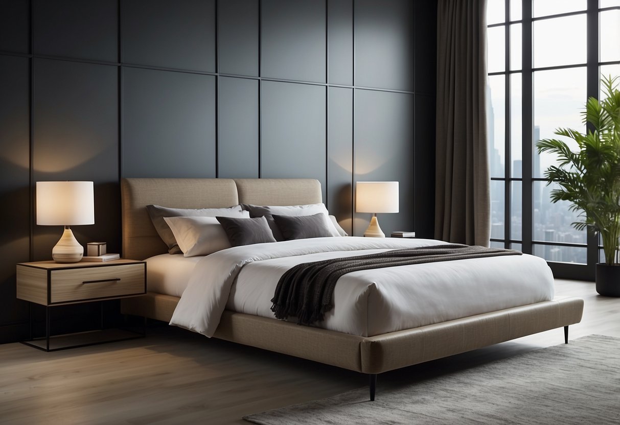A sleek, modern bedroom set sits in a spacious showroom. Clean lines and minimalist design highlight the quality materials used in the furniture