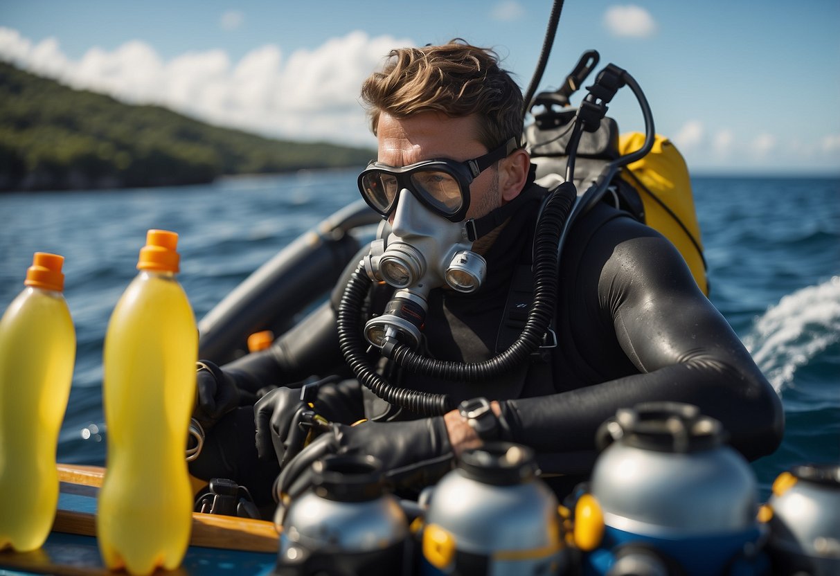 A diver drinks electrolyte solution while resting on a boat, surrounded by diving gear and ocean waves