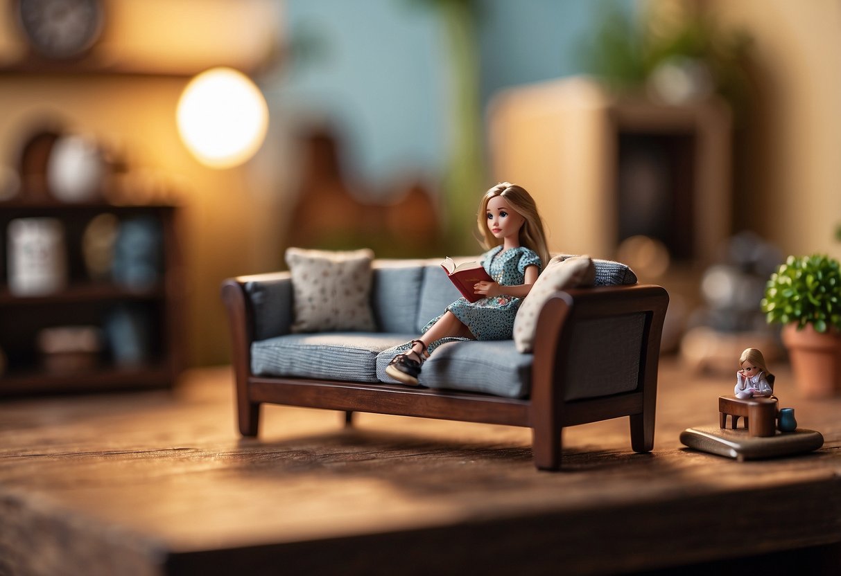 A tiny dollhouse living room, with a miniature wooden sofa, coffee table, and armchair. A tiny doll is sitting on the sofa, reading a book