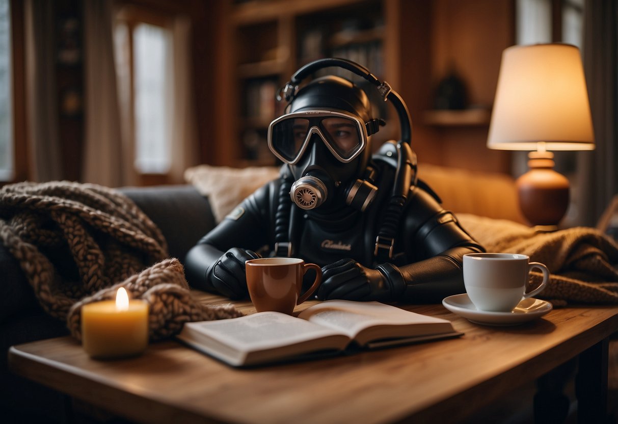 A diver sits in a cozy room with a warm blanket, sipping on a hot beverage. Their dive gear is neatly organized nearby, and a soothing playlist plays in the background. A journal and pen sit on the table, ready for reflection