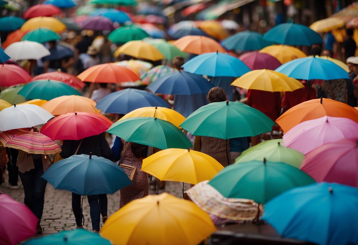 People browse through rows of colorful furniture at a bustling local market. Bright umbrellas provide shade as vendors showcase their unique pieces
