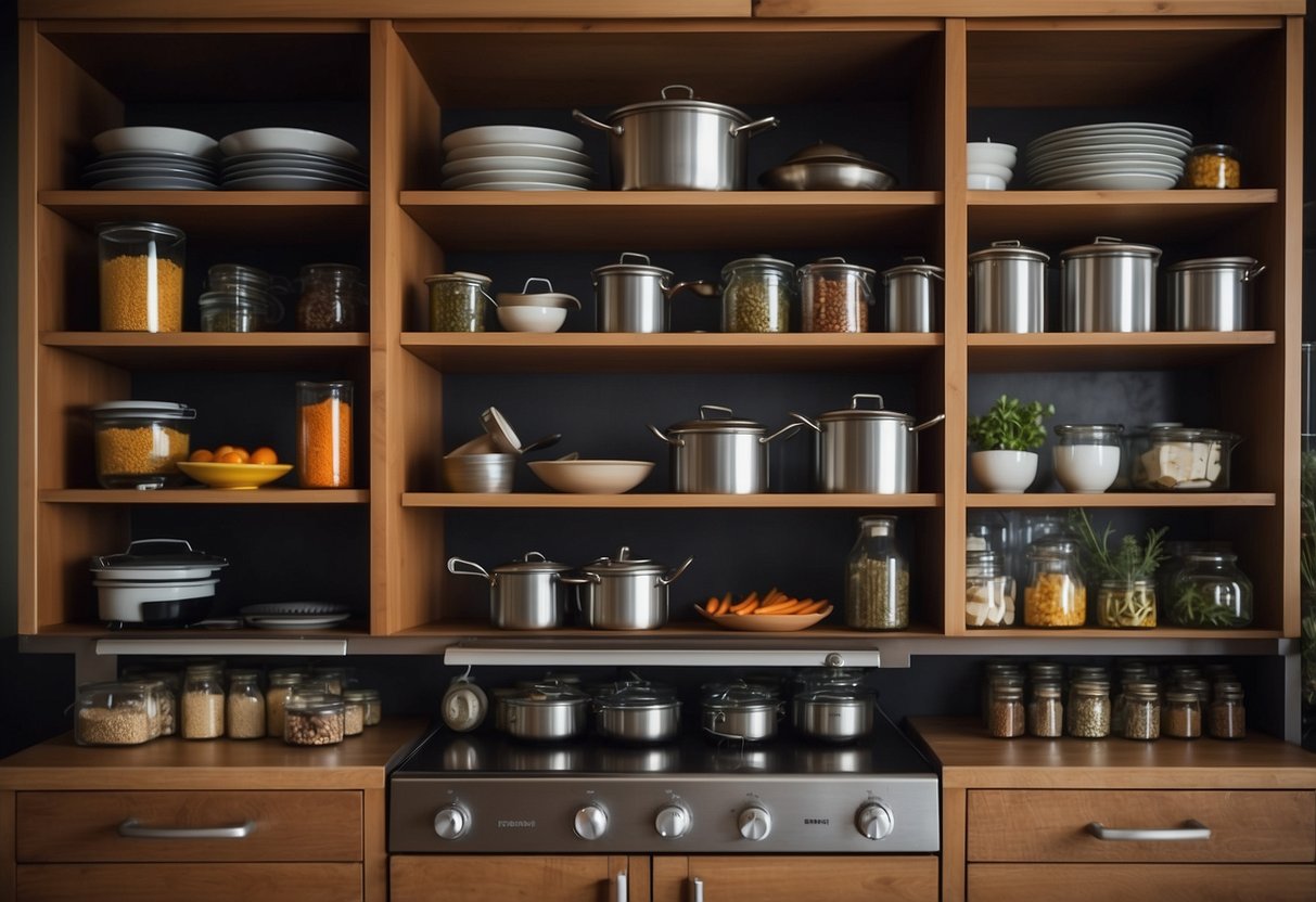 A kitchen cabinet furniture set stands open, revealing neatly organized shelves and drawers. A pot and pan hang from hooks, while spices and utensils are neatly arranged