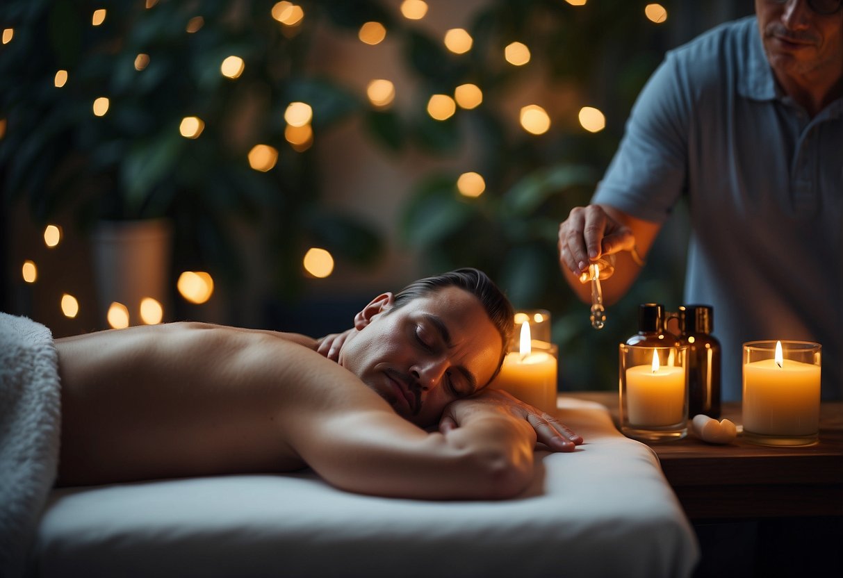 A diver lying on a massage table, surrounded by soothing essential oils and candles, with a therapist applying gentle pressure to their muscles