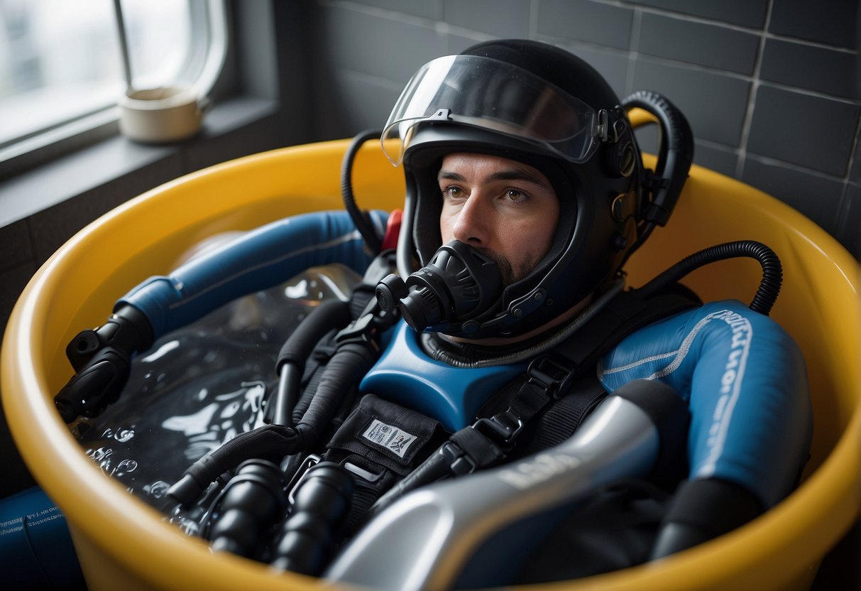 A diver sits in a tub of cold water, surrounded by recovery aids such as compression garments, electrolyte drinks, and healthy snacks