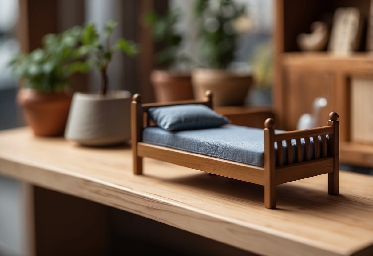 A hand reaches out to pick up a miniature wooden bed and chair from a display shelf