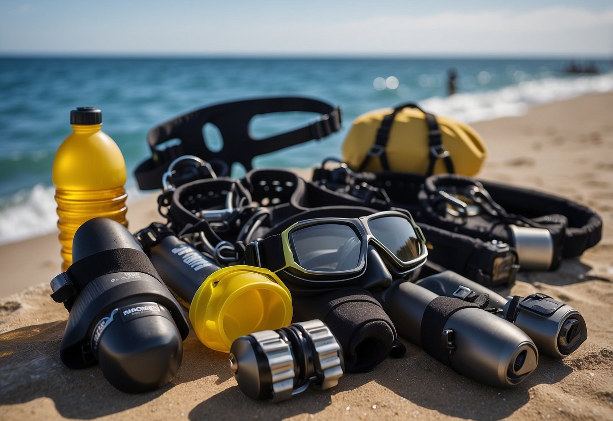 Dive gear laid out next to a calm ocean, surrounded by post-dive recovery items such as compression gear, water bottle, and snacks