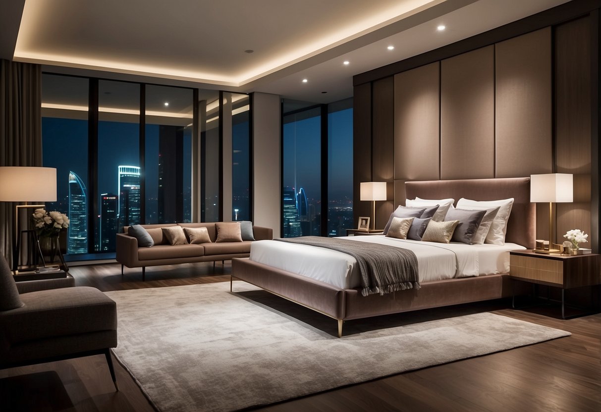 A bedroom with various furniture pieces on sale in Singapore. Bright lighting and clean, modern design