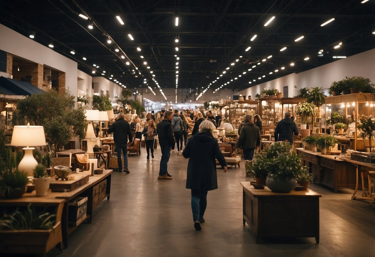 A bustling furniture market with various types and styles on display. Shoppers browse through modern, vintage, and classic pieces