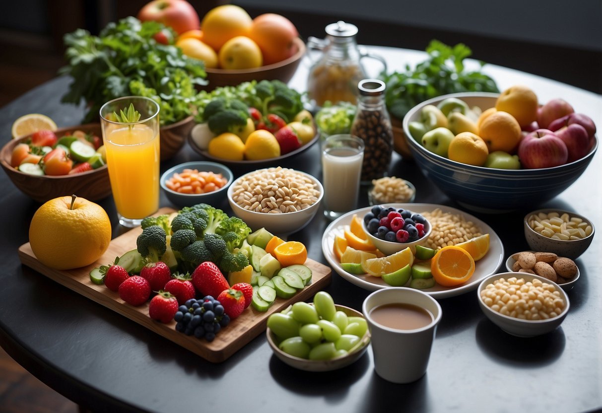 A table set with a variety of nutritious foods and drinks, such as fruits, vegetables, lean proteins, and water, surrounded by dive gear and equipment