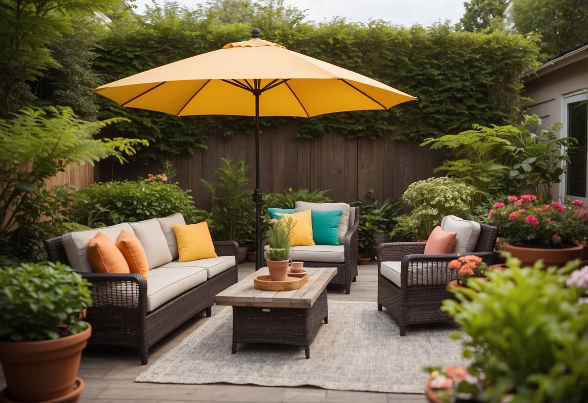 A backyard patio with a cozy outdoor sofa, two armchairs, and a coffee table. A colorful umbrella provides shade, while potted plants add a touch of greenery
