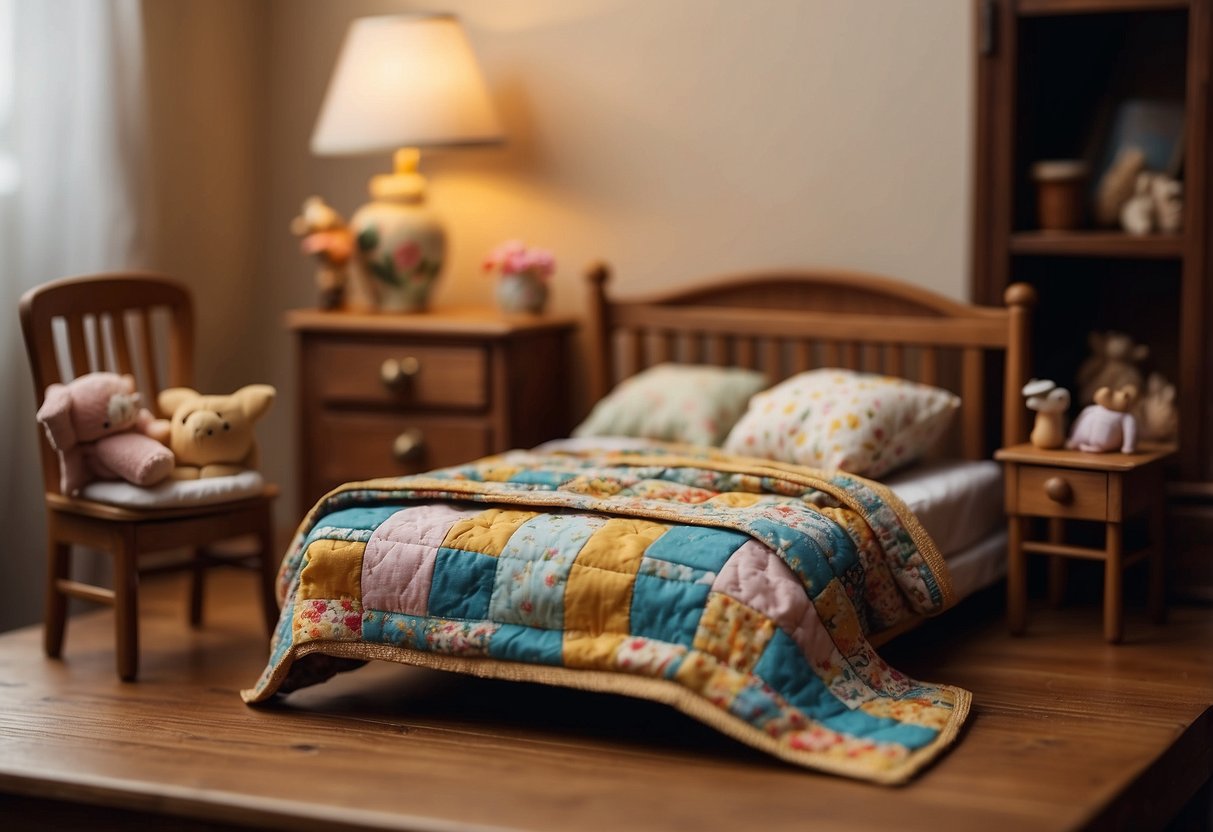 A small wooden table with chairs, a tiny bed with a quilt, and a miniature dresser with drawers, all meticulously crafted for doll use