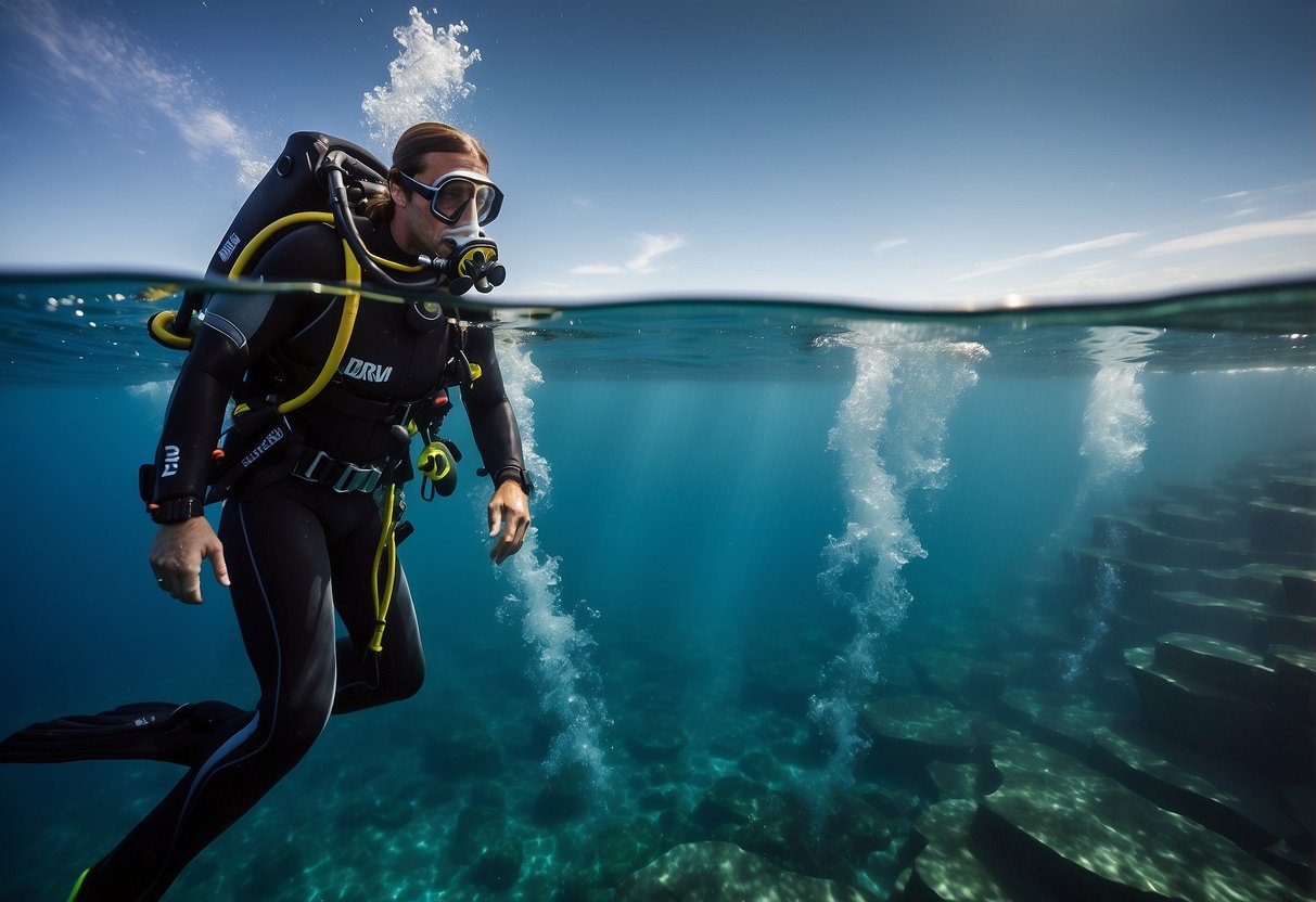 A scuba diver descends into deep waters, following a track dive profile. After the dive, they practice post-dive recovery tips to ensure a safe return to the surface