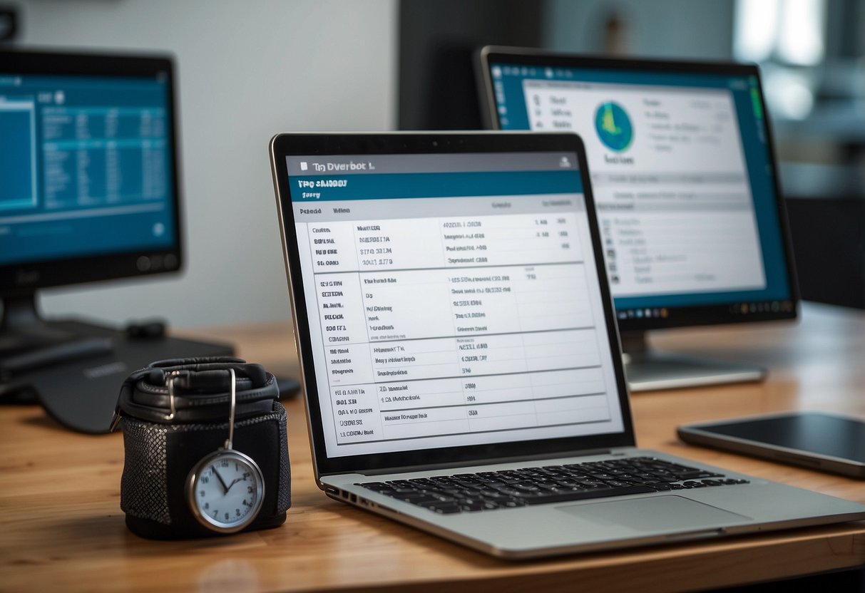 A diver's logbook open on a desk, with a computer monitor displaying nitrogen levels. A list of "10 Post-Dive Recovery Tips for Divers" is visible on the screen