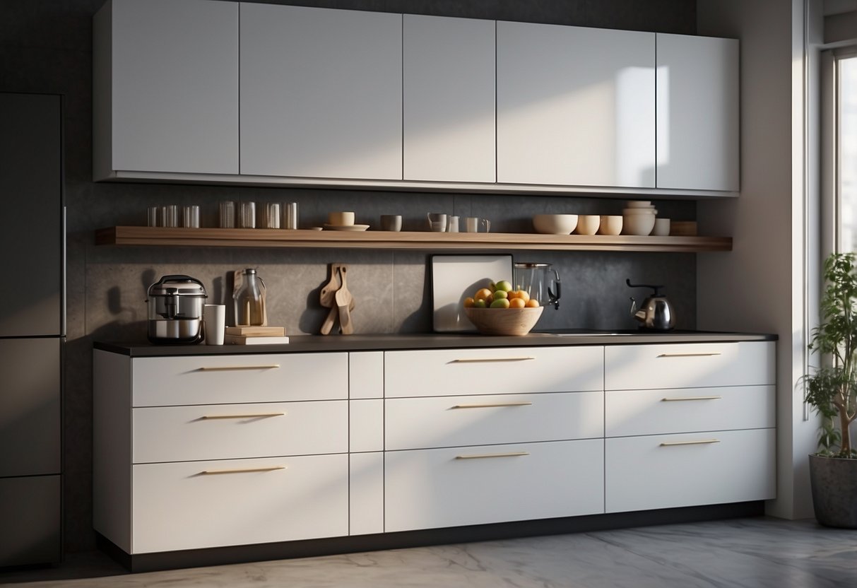A kitchen cabinet stands against a white wall, with shelves and drawers, adorned with sleek handles and a smooth countertop
