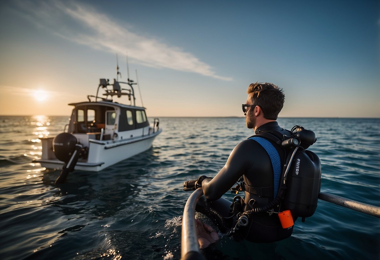 A diver sits on a boat, surrounded by calm ocean waters. They have just finished a dive and are engaging in post-dive recovery, following the 10 tips for divers