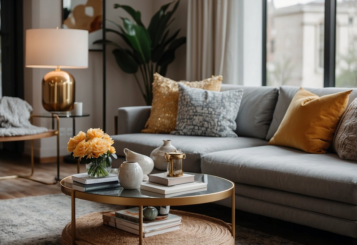 A cozy living room with a plush sofa, a sleek coffee table, and a stylish armchair. The room is adorned with decorative accents like colorful throw pillows, elegant vases, and modern art pieces