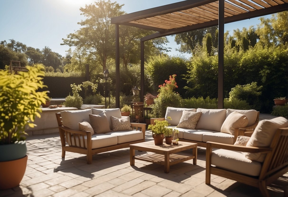 A sunny patio with a variety of outdoor furniture arranged in an inviting and spacious layout, surrounded by lush greenery and open skies