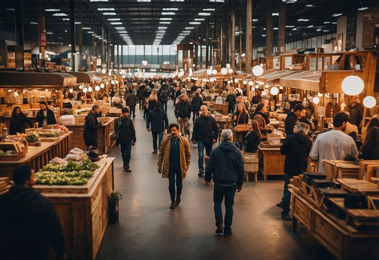 A bustling furniture market with vendors displaying their wares, customers browsing and asking questions, and a lively atmosphere