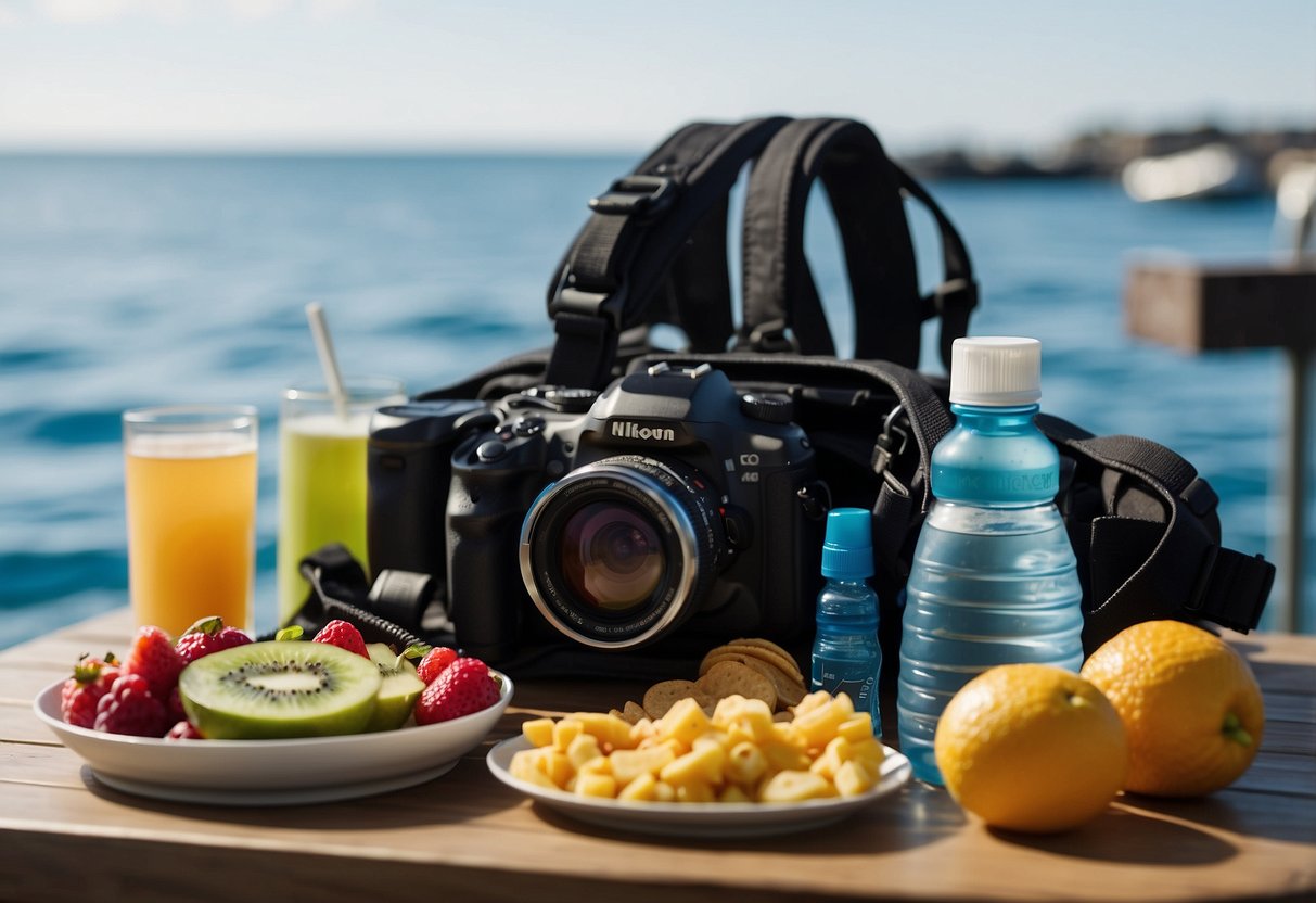 A diver's gear and equipment laid out next to a table with a variety of healthy snacks, fruits, and water bottles for post-dive recovery