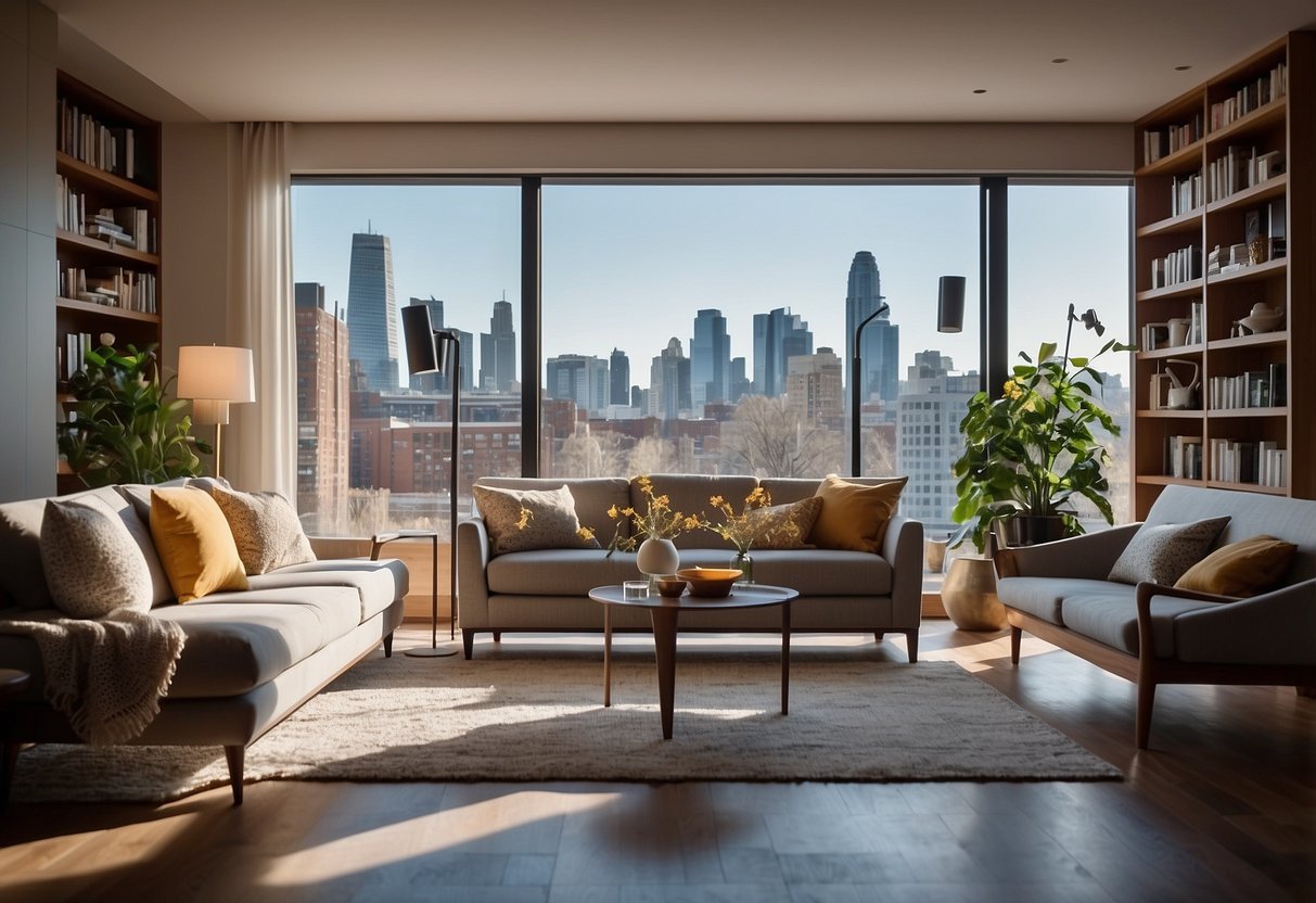 A modern living room with a sleek sofa, coffee table, and floor lamp. A bookshelf lines one wall, and a large window lets in natural light