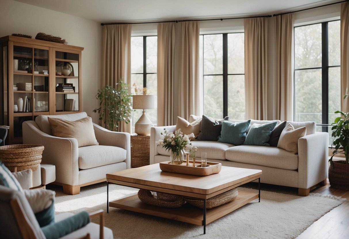 A cozy living room with a modern sofa, elegant coffee table, and stylish accent chairs. Bright natural light fills the space, highlighting the beautiful furniture