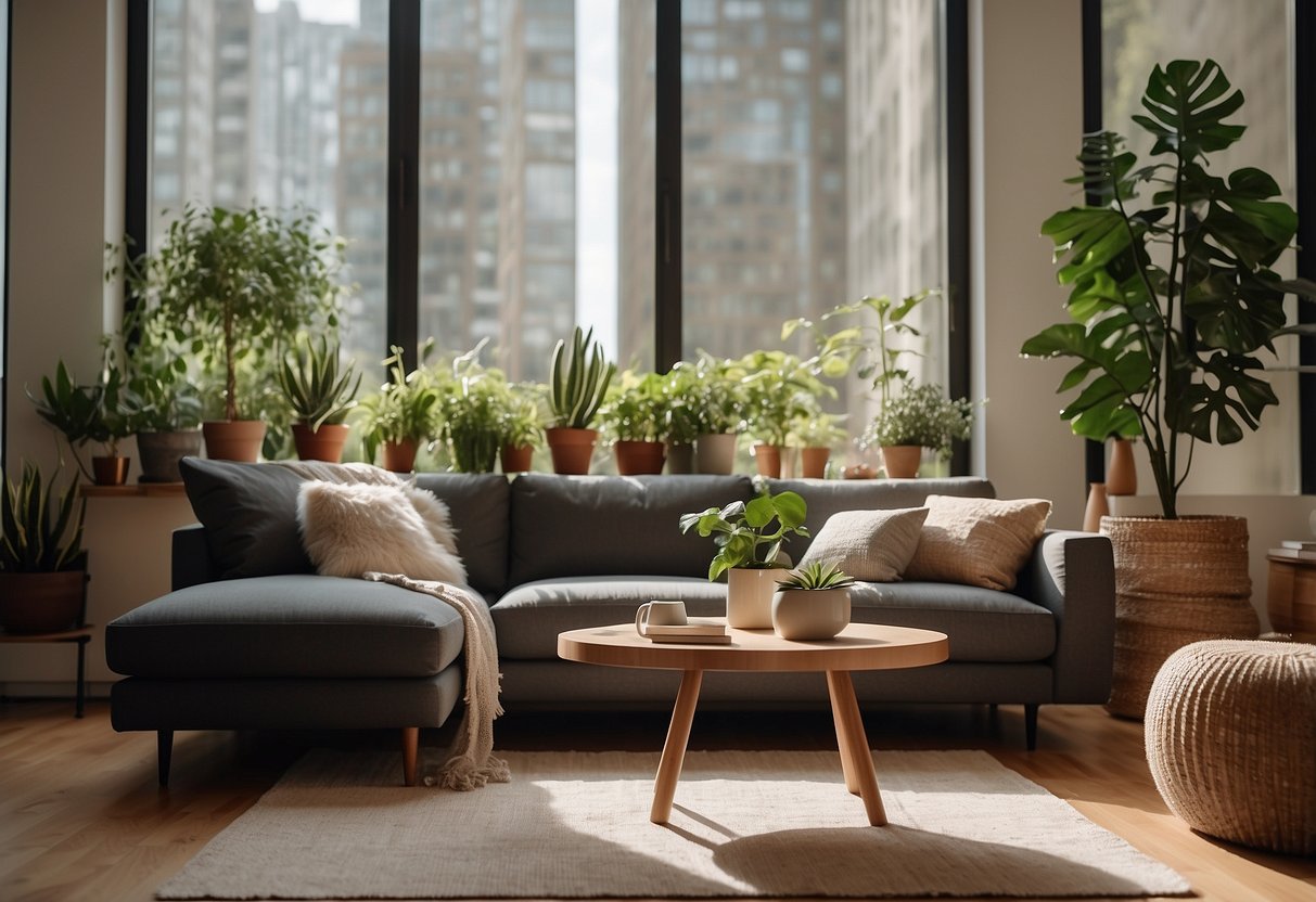 A cozy living room with a modern sofa, coffee table, and floor lamp. The room is filled with natural light from large windows, and there are plants scattered throughout the space