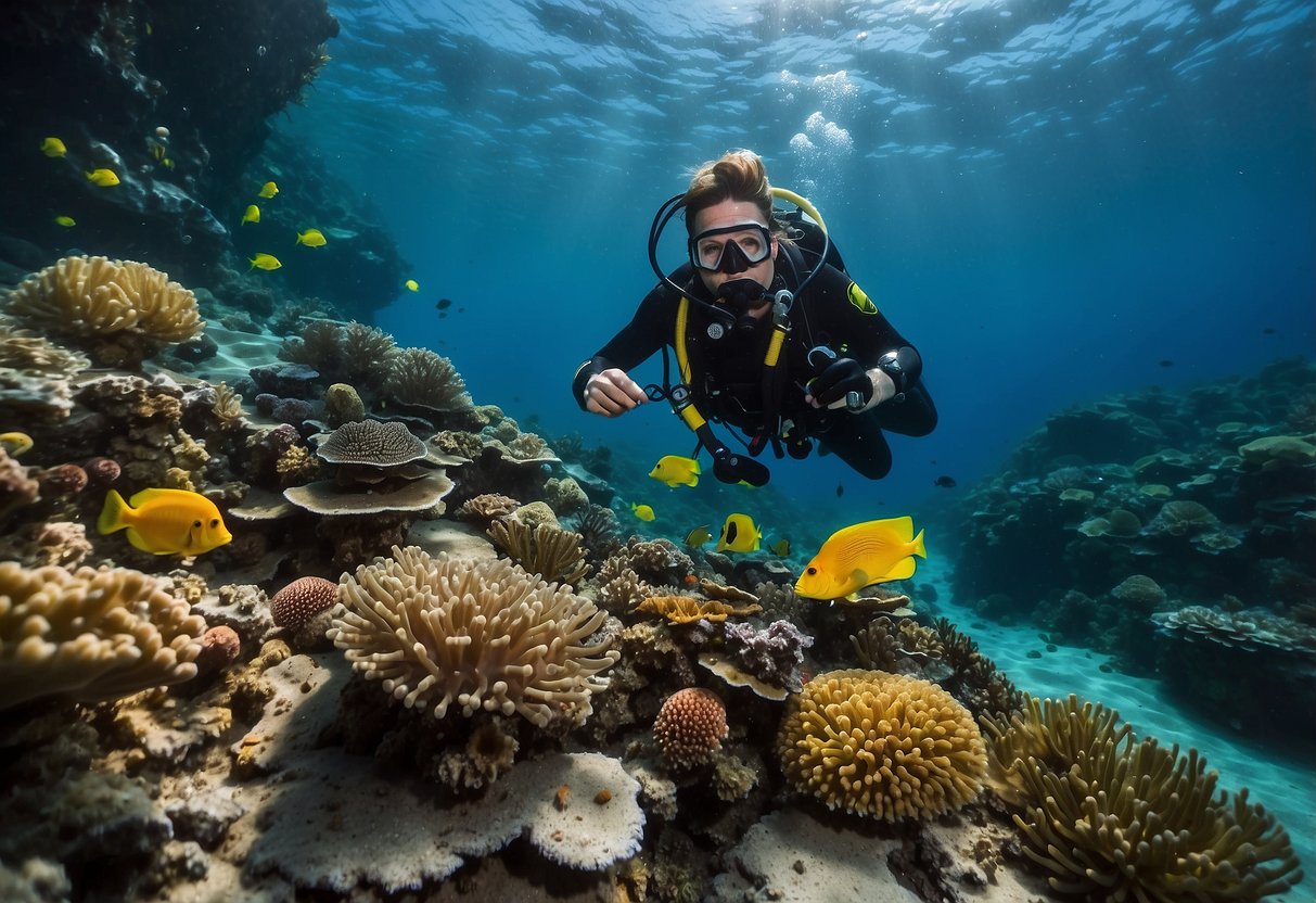 A diver surrounded by vibrant marine life, exploring a colorful coral reef with a sense of determination and focus. The diver is equipped with essential gear and appears to be enjoying the underwater adventure