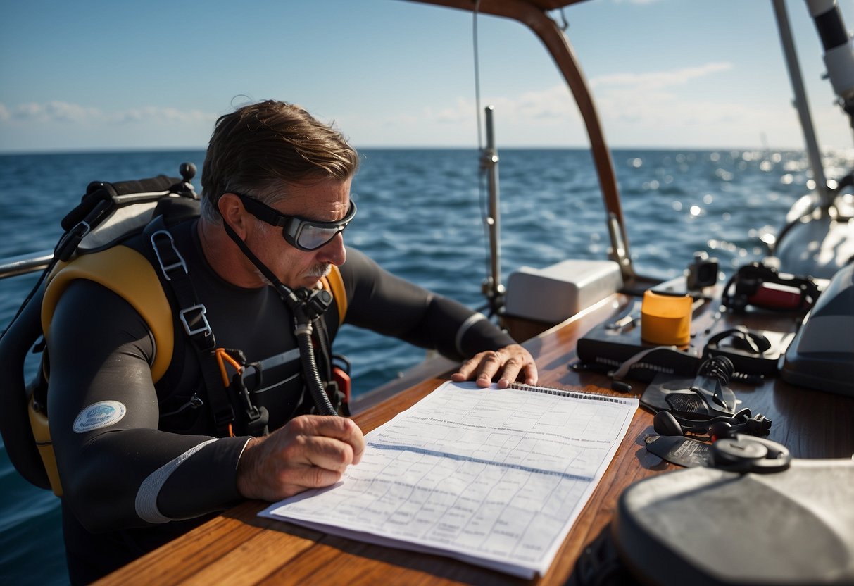 A diver sets clear goals for a long diving trip, using a checklist and map. Equipment is neatly organized on a boat deck, with the ocean in the background