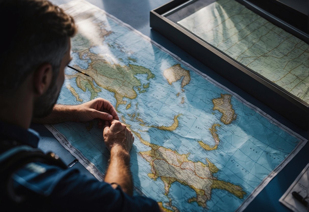 A diver carefully plans their route, marking key points on a map. Their gear is neatly laid out, ready for the long journey ahead