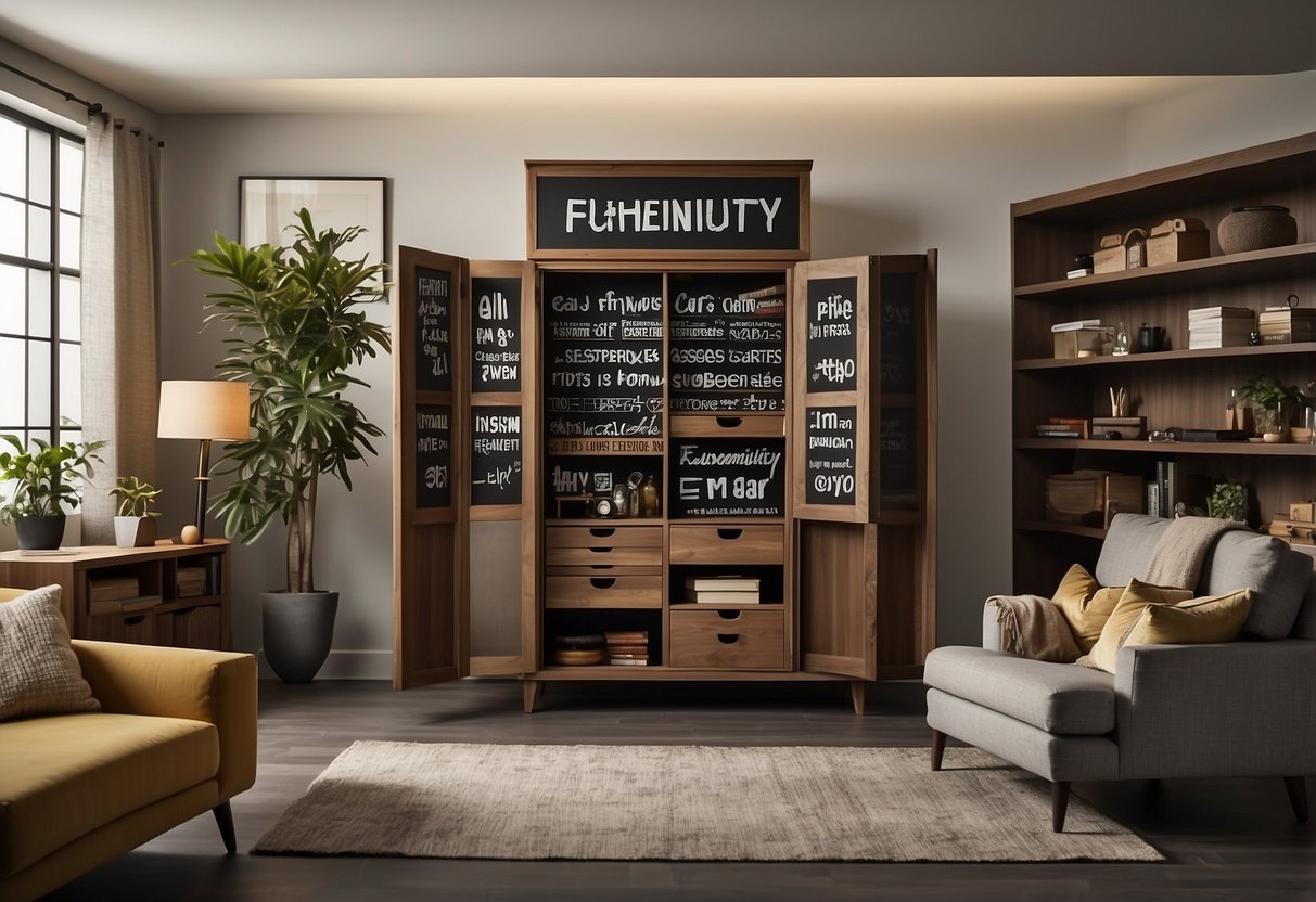 An open almirah with various furniture items inside, surrounded by question marks and the words "Frequently Asked Questions" in bold lettering above