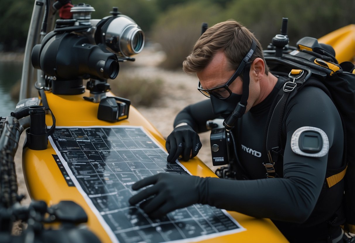 A diver checking their gear, surrounded by diving equipment and a checklist, with a map of the dive site and a camera ready for underwater photography