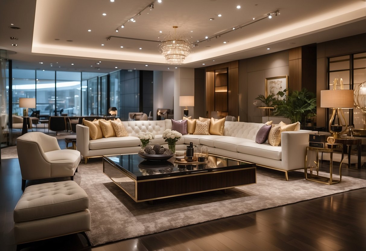 A spacious, well-lit showroom displays sleek, modern furniture pieces in a variety of luxurious materials and finishes. Rich wood, polished metal, and sumptuous fabrics create an atmosphere of refined elegance