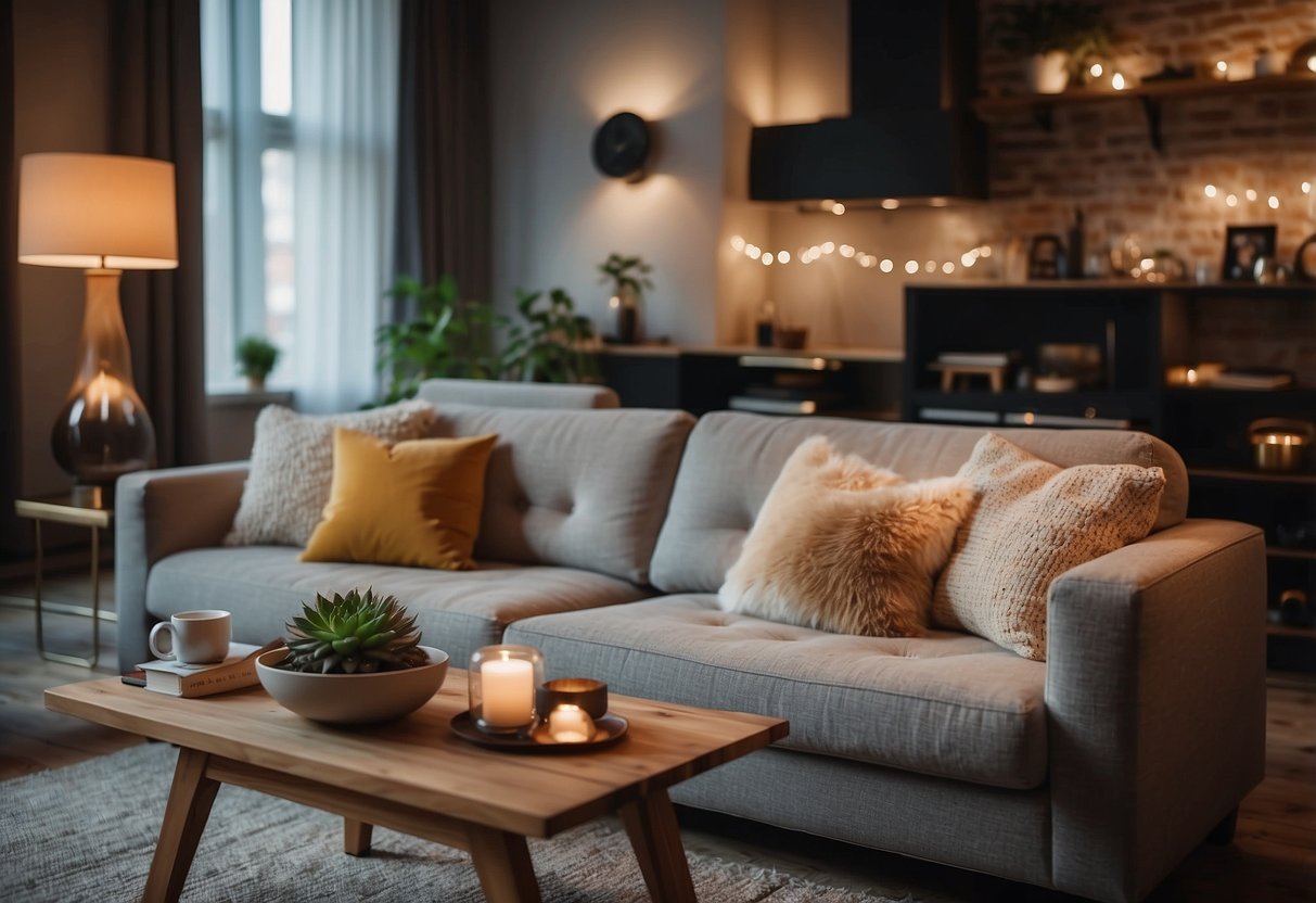 A cozy living room with stylish, comfortable furniture and soft, inviting accents. Warm lighting and plush textures create a welcoming atmosphere