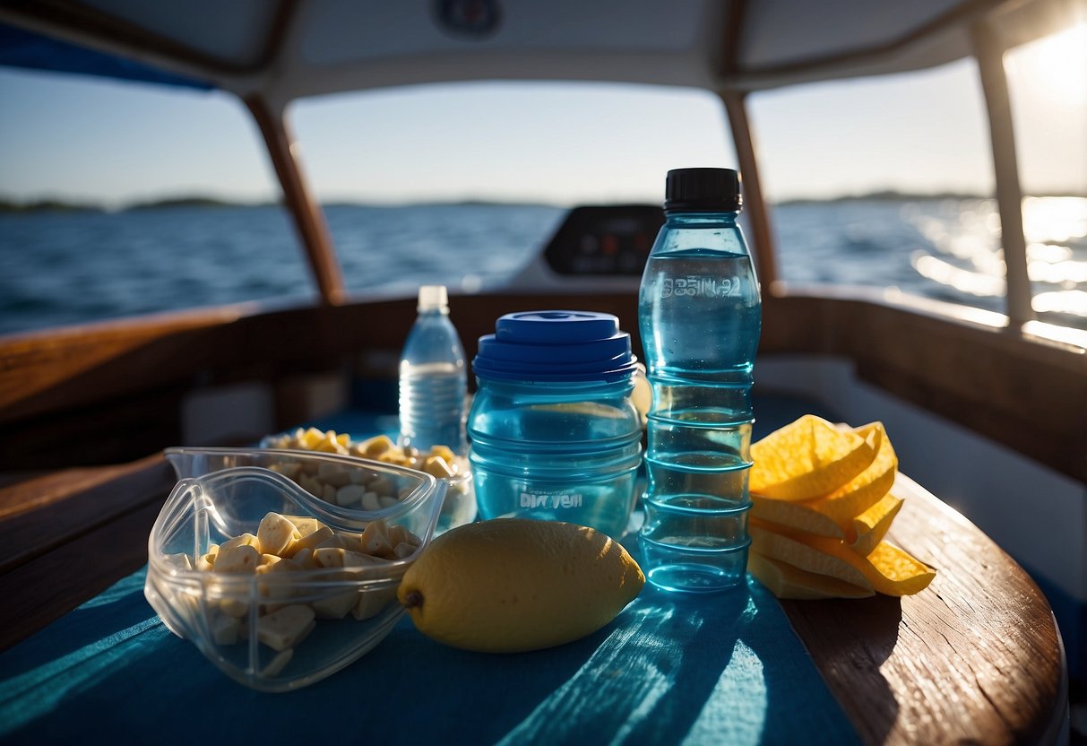 A diver's gear sits on a boat deck, surrounded by water bottles and snacks. The sun shines overhead as the boat cruises through clear blue waters