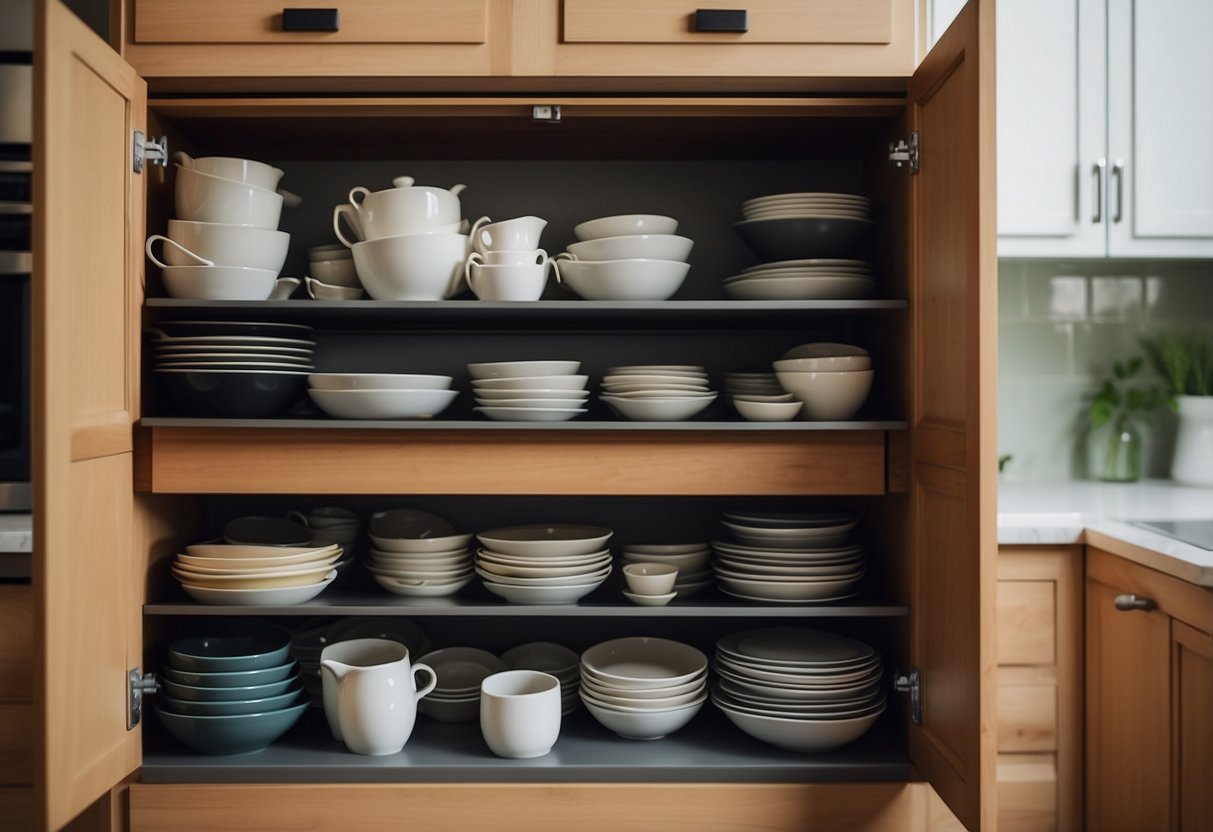 A kitchen cabinet filled with neatly organized dishes, pots, and pans. The cabinet doors are open, revealing the contents inside