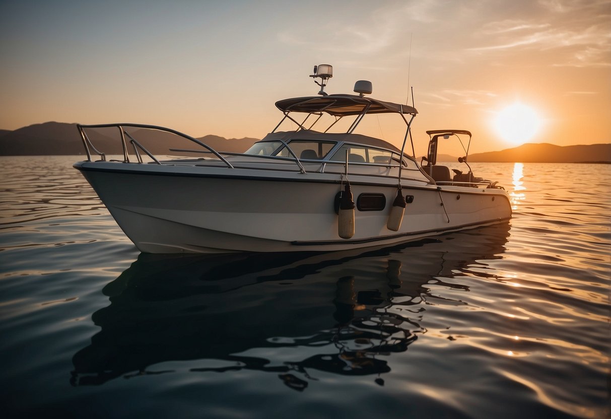 A boat anchored in calm waters, with diving gear neatly organized on the deck. The sun sets in the background, casting a warm glow over the scene