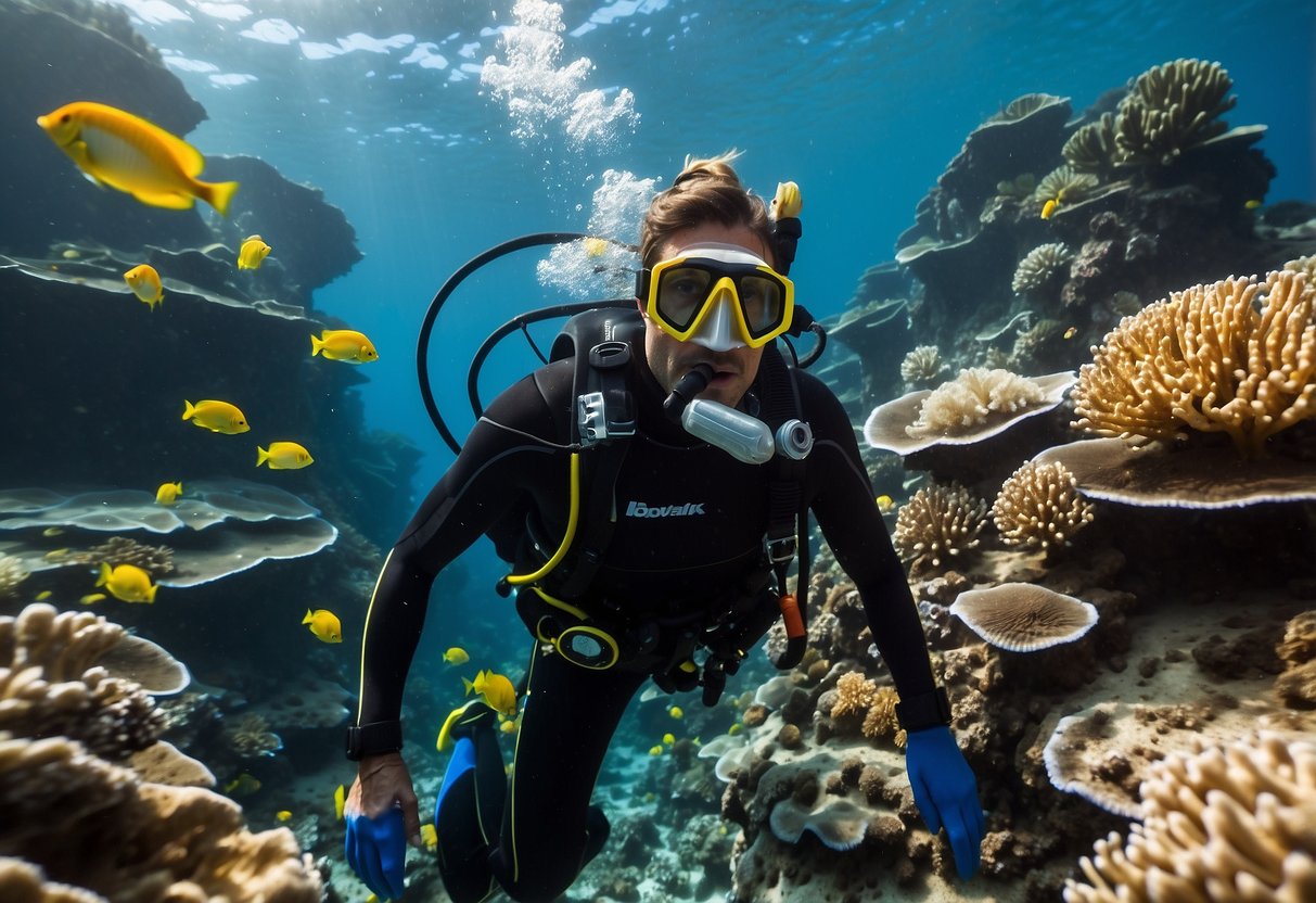 A diver in full gear explores a vibrant coral reef, staying motivated on a long diving trip. The diver uses quality equipment and follows 7 tips for a successful and enjoyable underwater adventure