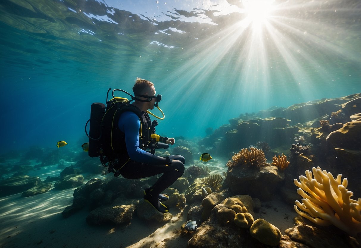 A serene underwater scene with a diver sitting cross-legged on the ocean floor, surrounded by colorful marine life. Rays of sunlight filter through the water, creating a peaceful and tranquil atmosphere for meditation