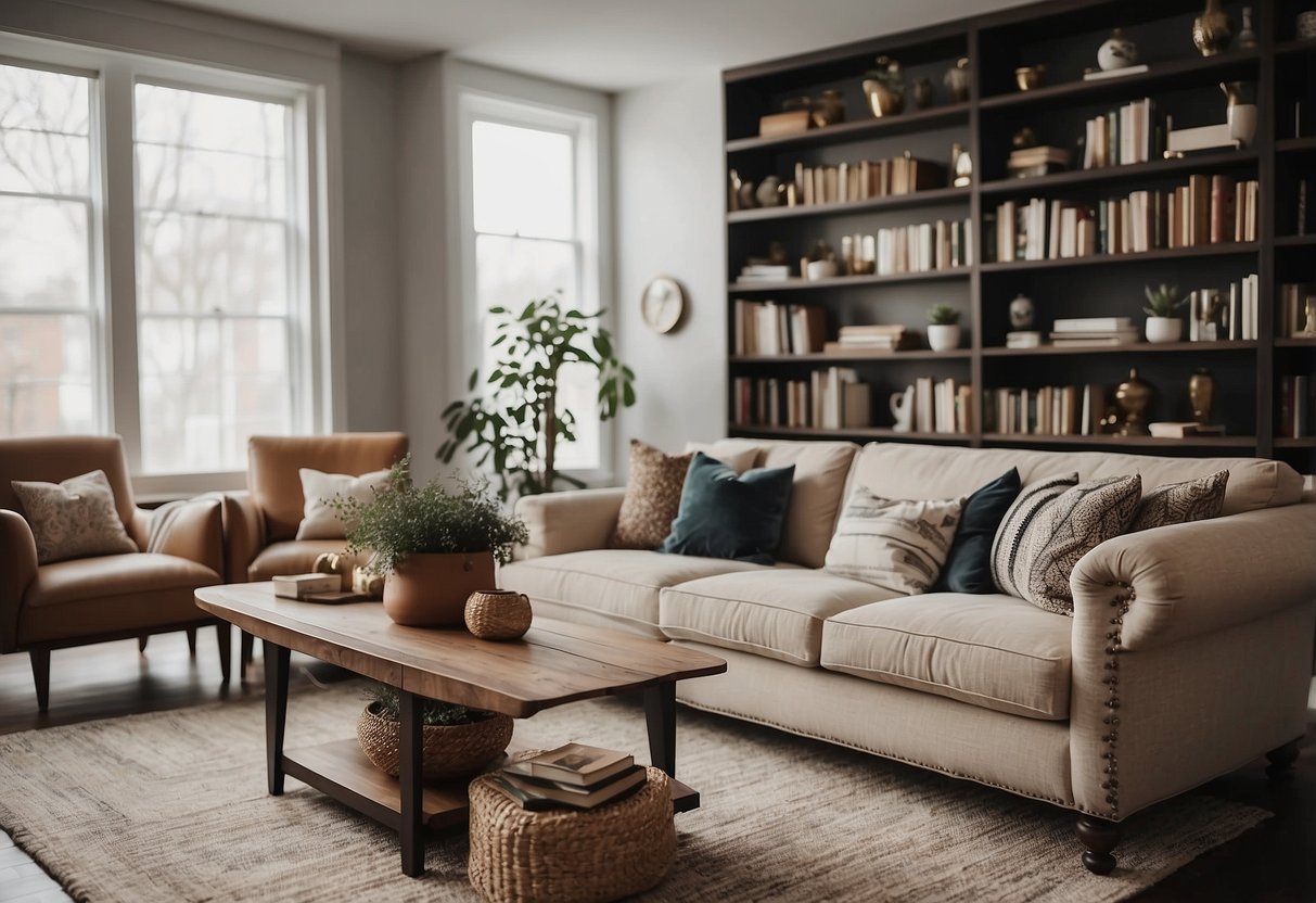 A cozy living room with various furniture pieces, including a comfortable sofa, a stylish coffee table, and a bookshelf filled with books and decorative items