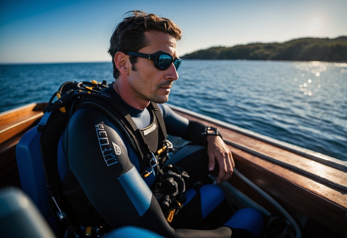 A diver sits on the edge of a boat, surrounded by calm blue waters. They are mentally preparing for a long dive, with diving gear and equipment neatly arranged nearby. The sun shines brightly overhead, casting a warm glow on the scene