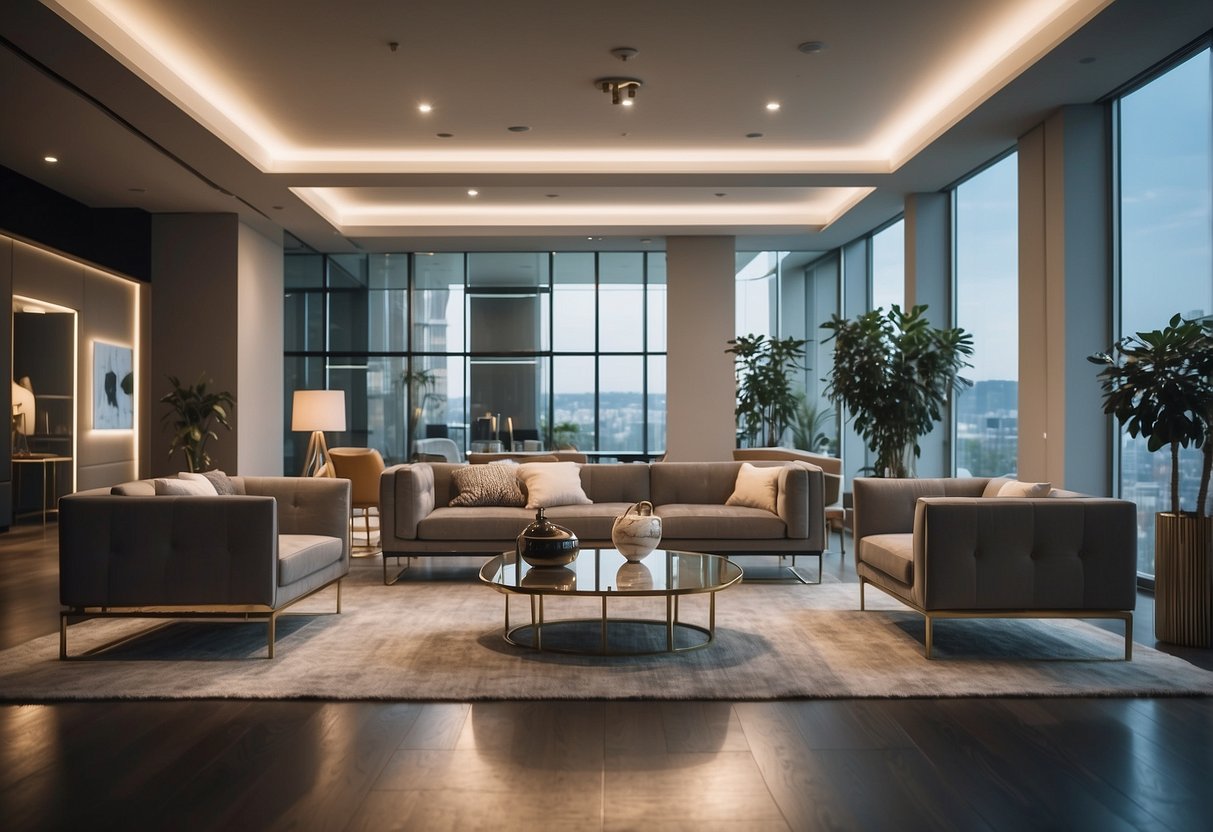 A spacious, well-lit showroom with sleek, modern furniture arranged in stylish room settings. Customers browse and interact with the luxurious pieces, admiring the high-quality craftsmanship and elegant designs