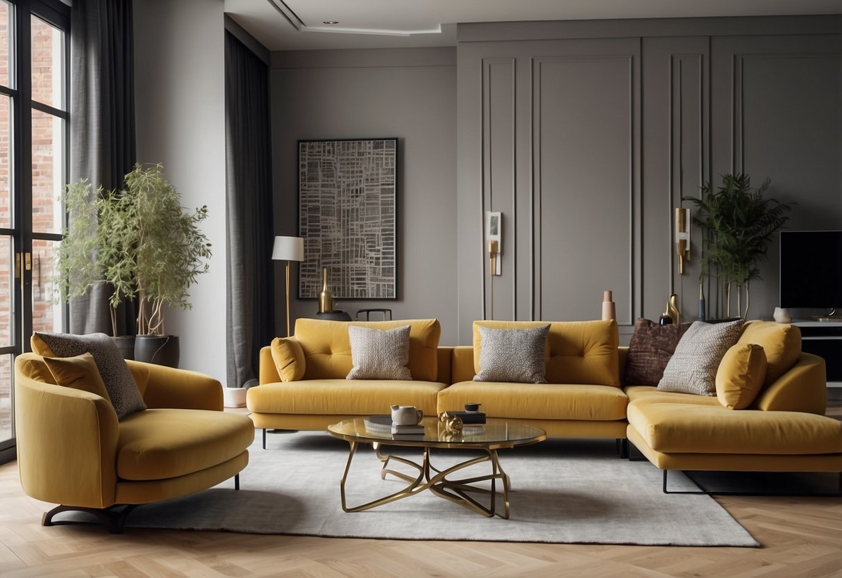 A modern living room with a variety of furniture pieces such as sofas, chairs, tables, and shelves arranged in a stylish and inviting manner