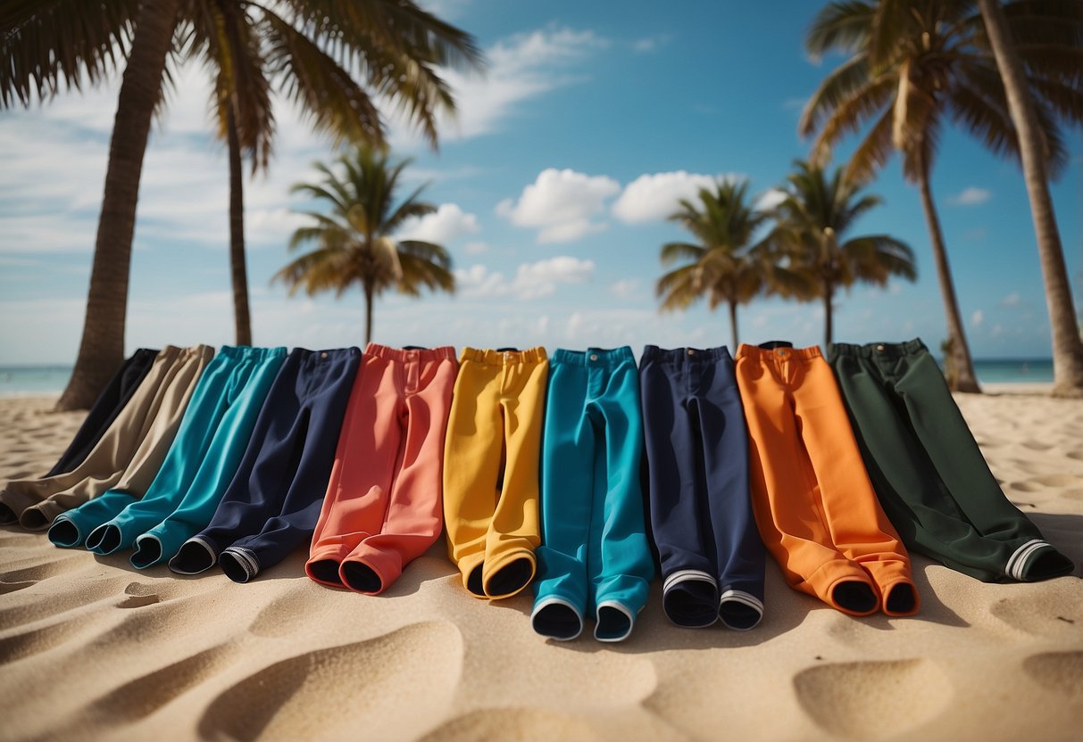 A colorful array of diving pants laid out on a sandy beach, with palm trees in the background and gentle waves rolling in