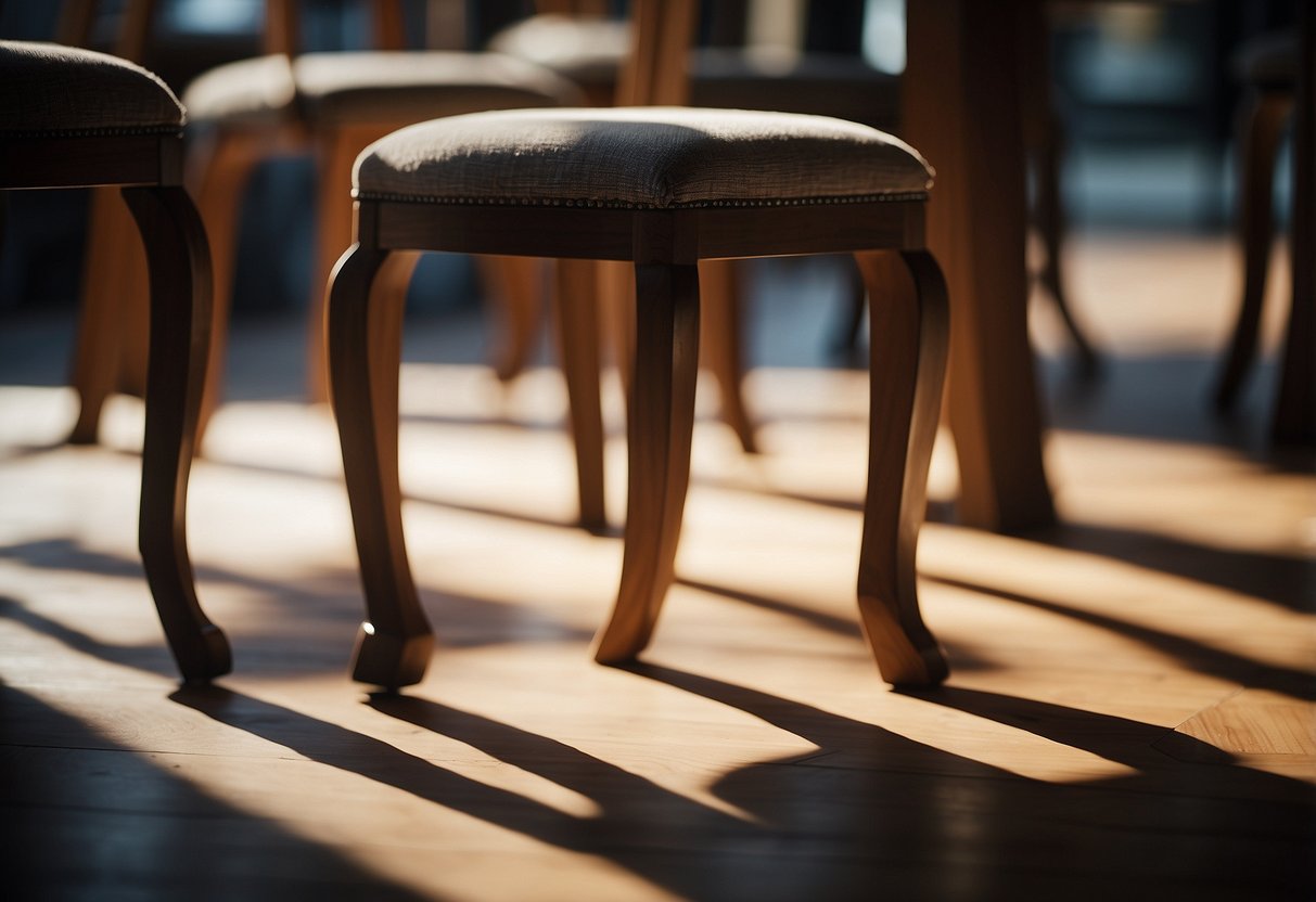Wooden furniture legs arranged in a circle, casting shadows on the floor