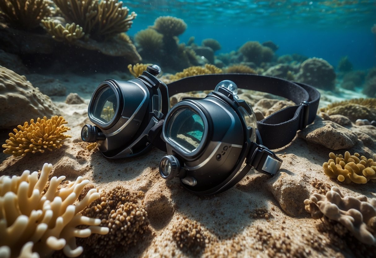 A pair of Scubapro Everflex 3/2mm pants lying on a sandy ocean floor, surrounded by colorful coral and a variety of marine life