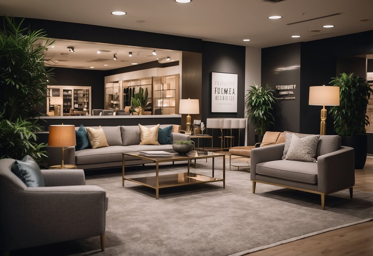A sleek, modern furniture showroom with elegant displays and a sign reading "Frequently Asked Questions" in bold lettering