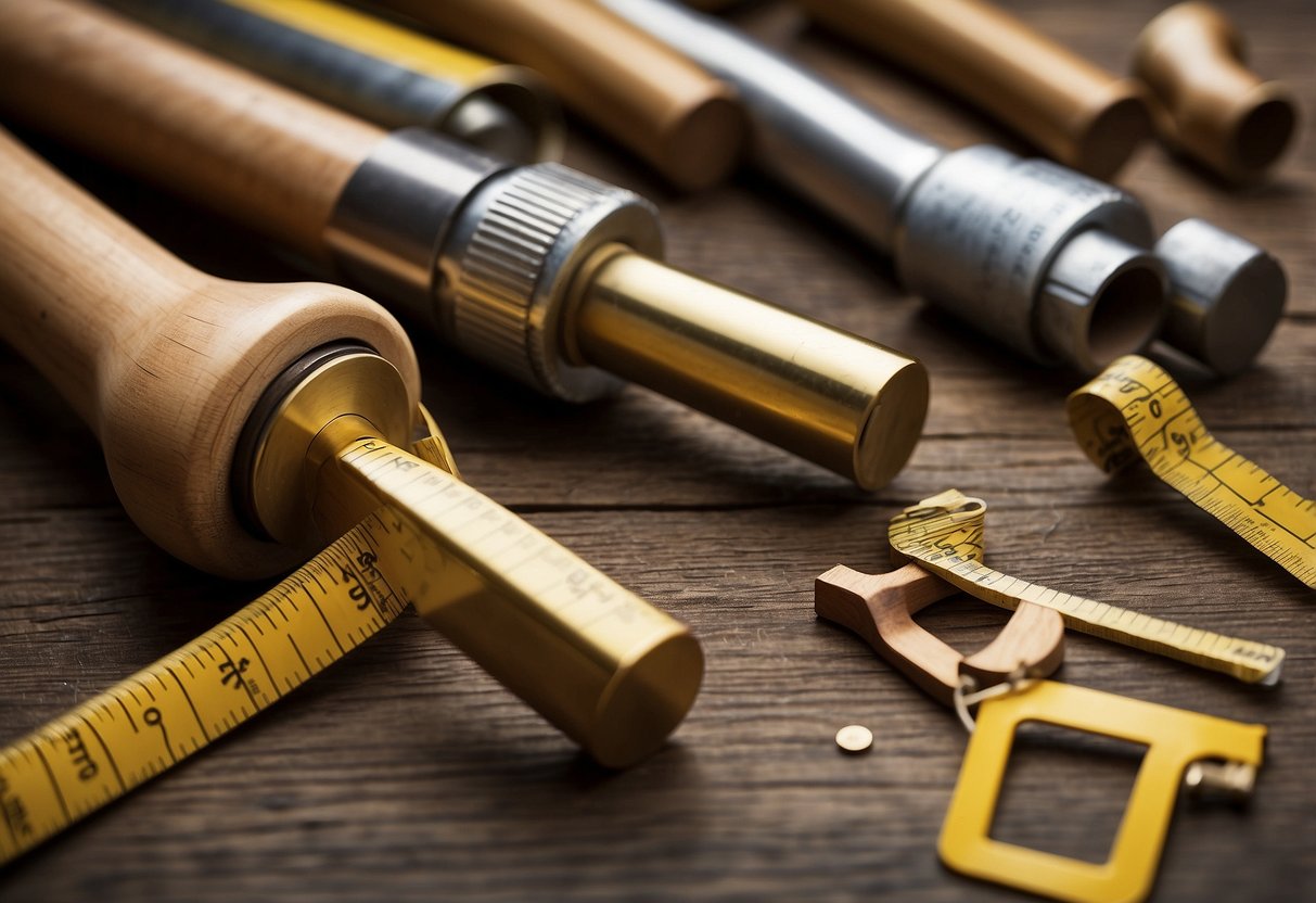Various furniture legs scattered on the floor, some wooden, some metal, all different shapes and sizes. A tape measure and pencil nearby