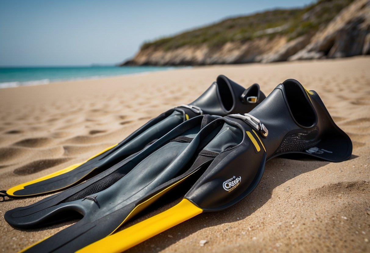 A pair of Cressi Lontra 7mm pants lays neatly folded on a sandy beach next to a pair of diving fins and a snorkel, ready for the next underwater adventure